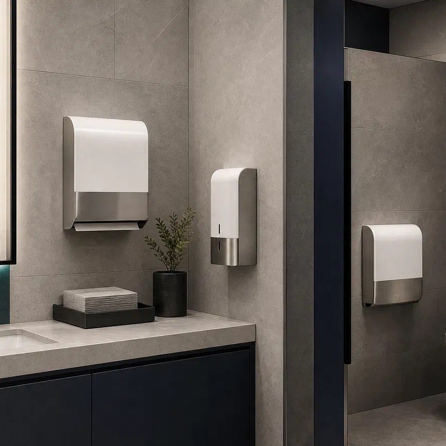 Banheiro corporativo com dispensers instalados