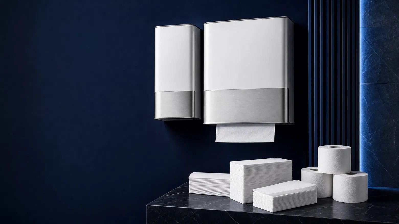 Dispensers de papel toalha e papel higiênico em ambiente corporativo